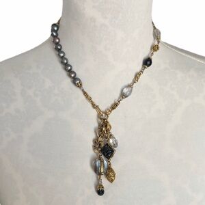 Robin Steele Mixed Media Charm Necklace | Pearls Crystals Gold Tone